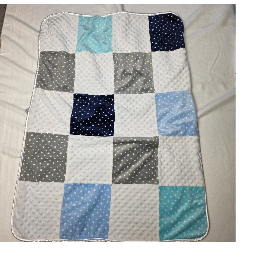 Just Born Baby Blanket Blue gray white minky patchwork star